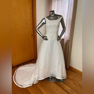 Elegant White Michael Angelo Wedding Dress with beaded off shoulder bodice.